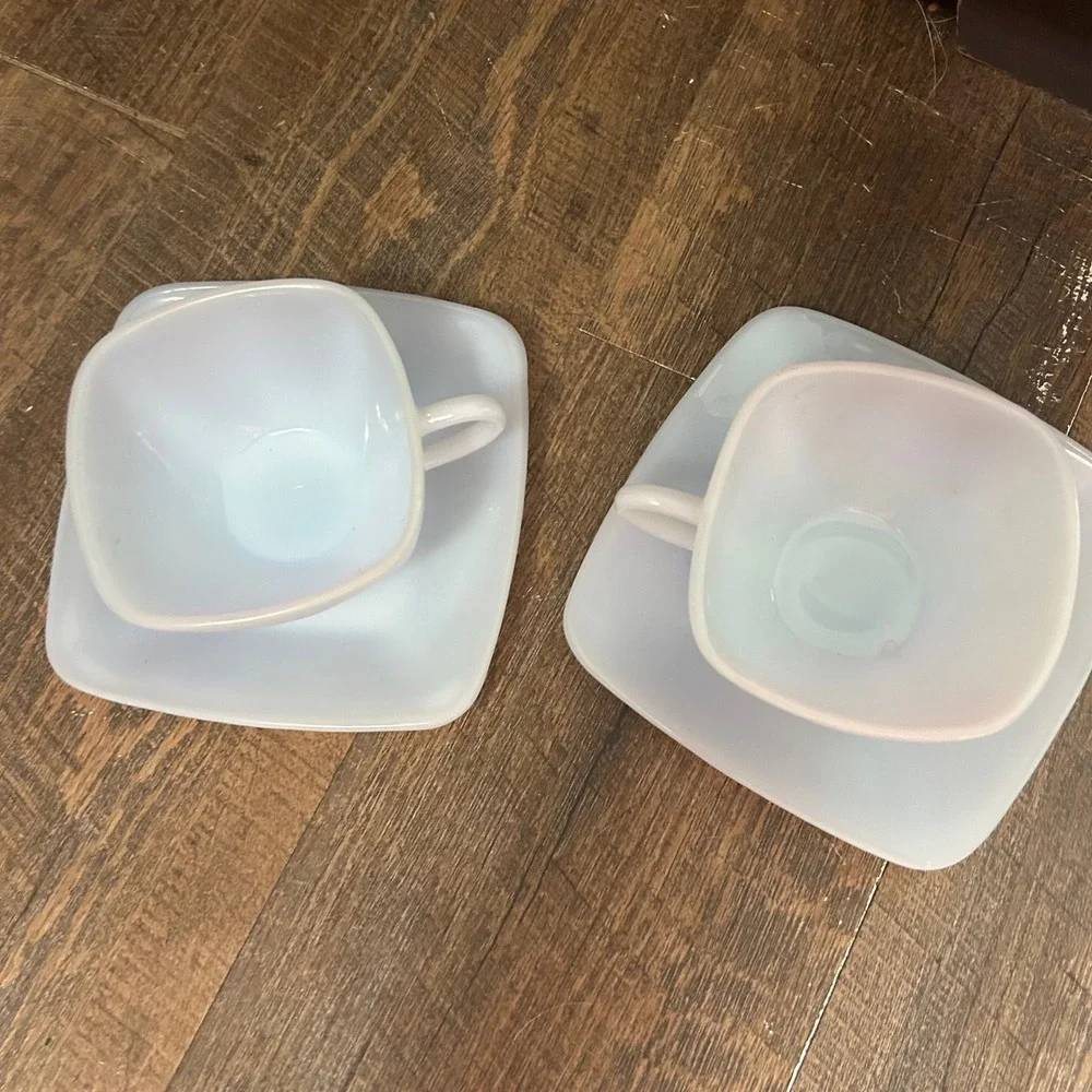 Vintage 4pc Fire King Charm Azurite Blue Milk Glass Cups Saucers Square Set